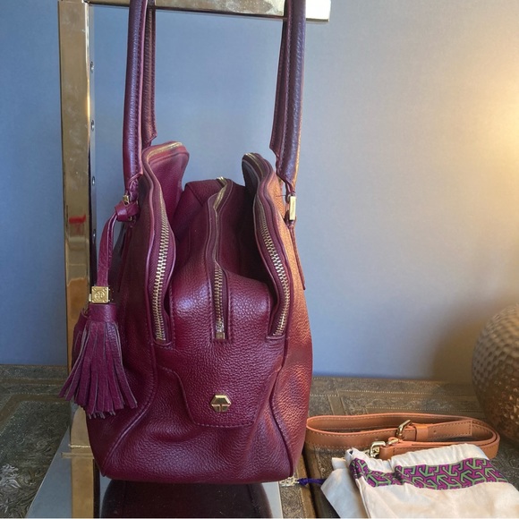 Tory Burch bag satchel leather handles spacious compartments burgundy red - Picture 4 of 16